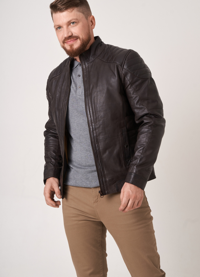 Мужская куртка из натуральной кожи модель № 772 меха малина