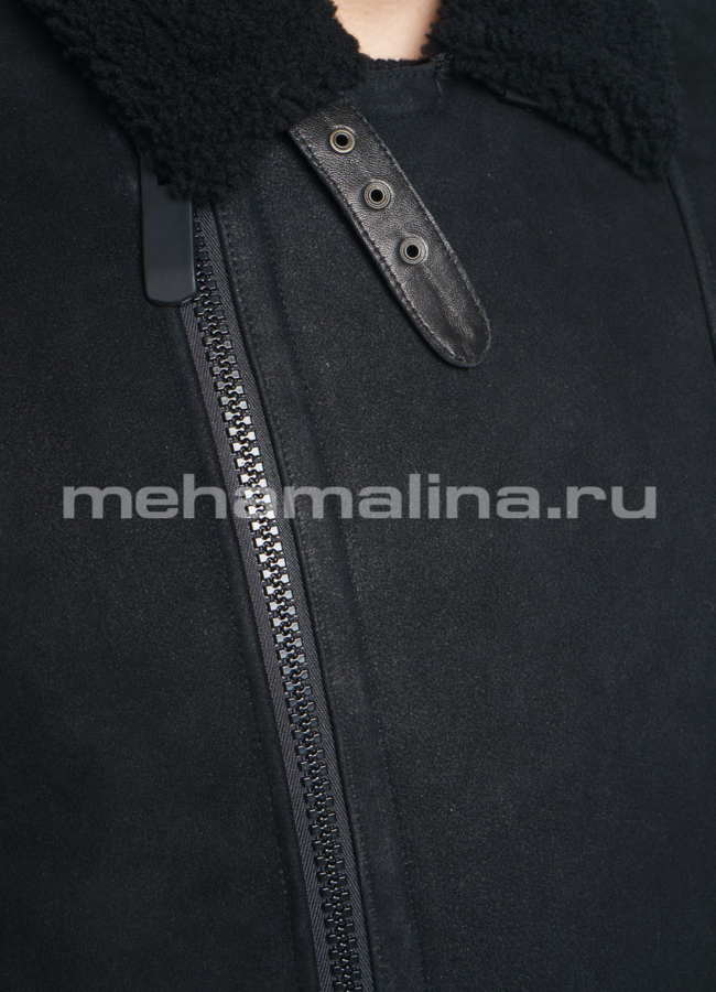 Дубленка черного цвета на молнии с воротником модель № DM-122 в рассрочку