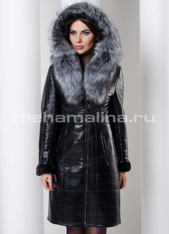 фото Дубленка из эко кожи с натуральной чернобуркой модель № 15002-1