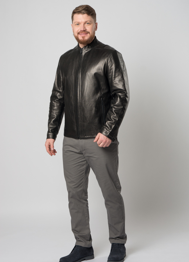 фото Куртка кожаная черного цвета на молнии модель № W9099