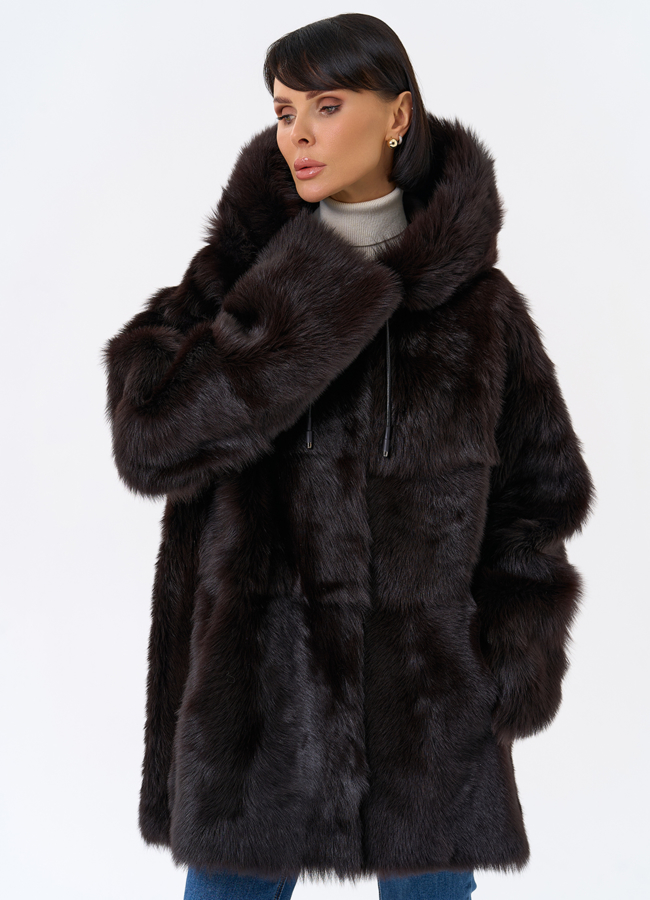 Женская двухсторонняя дубленка с капюшоном модель № 31851 универмаг малина