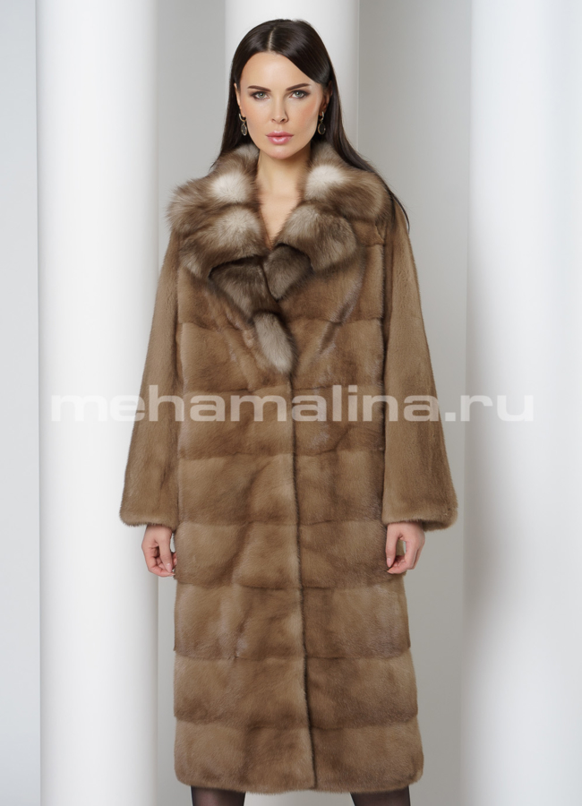 Норковая шуба с английским воротником отделка куница модель № S-753  универмаг малина