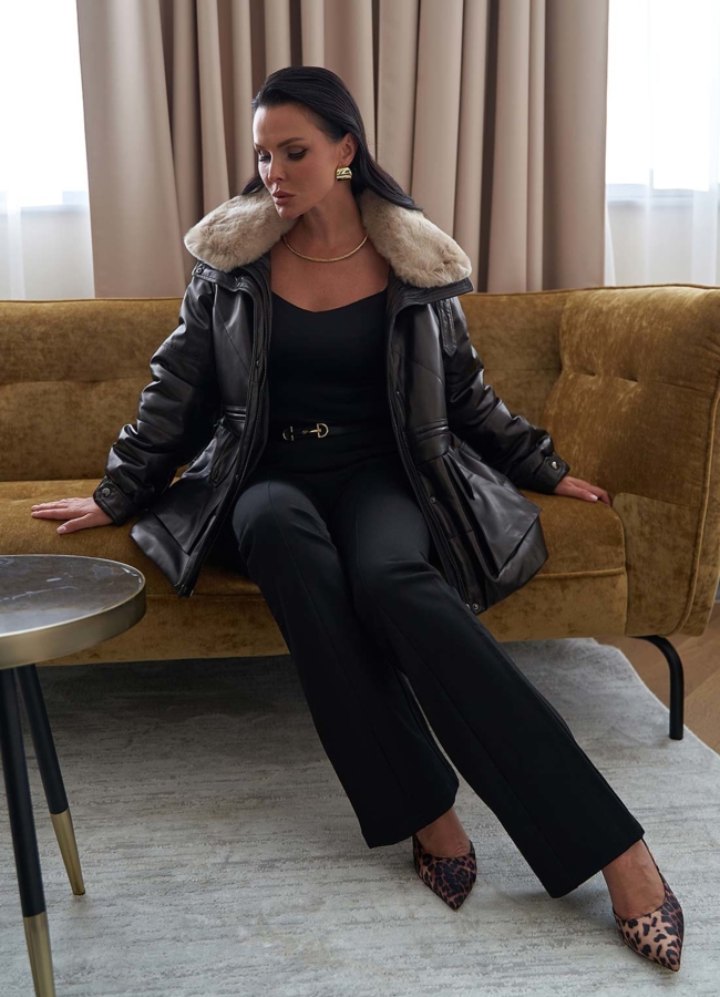 Пуховик из натуральной кожи с отделкой из меха кролика модель № 25381 универмаг малина