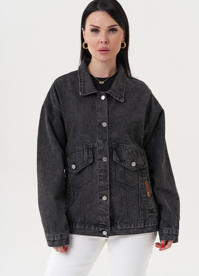 Джинсовая куртка серого цвета модель № 27251 меха малина