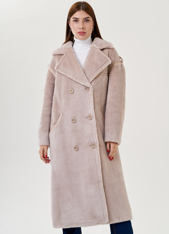 фото Двуботное женское пальто из эко меха с английским воротником  модель № 79321