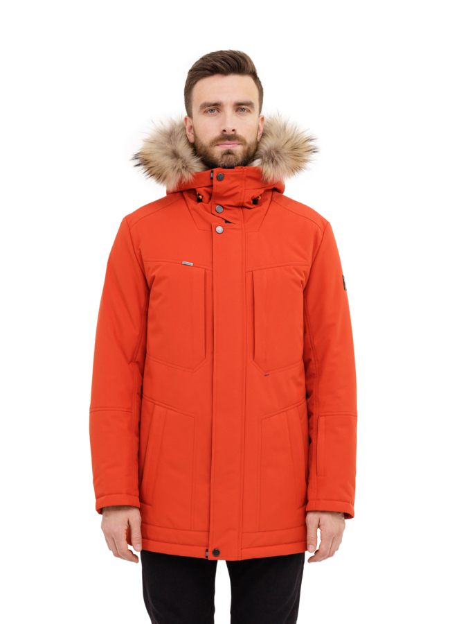 фото Мужской пуховик с отделкой из енота  модель № 23724