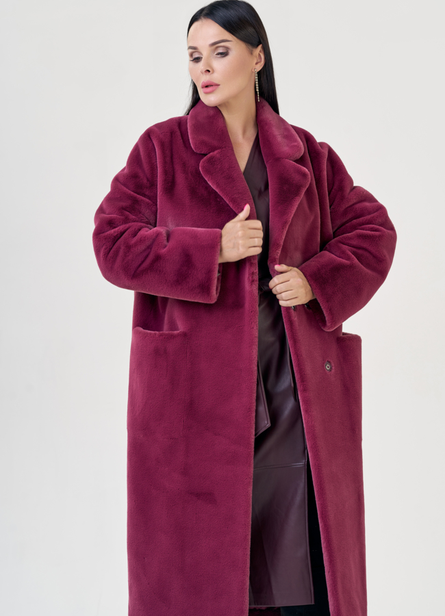 Женское пальто из искусственного меха  модель № 23188 меха малина