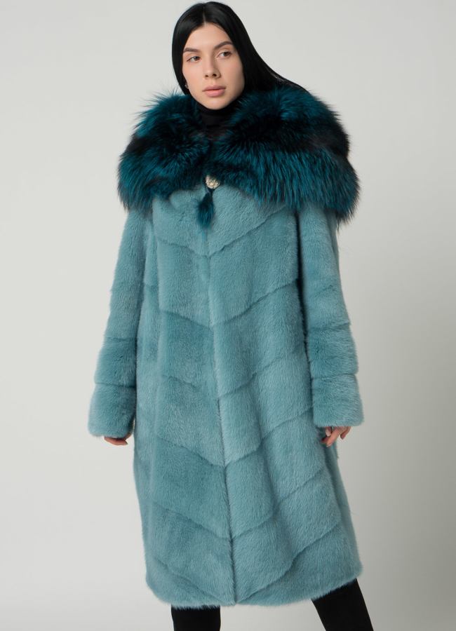 Светлая норковая шуба с капюшоном из чернобурки модель № 1602 универмаг малина