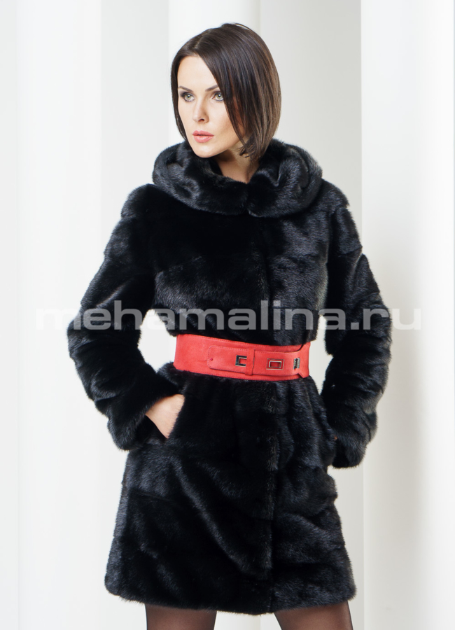 Шуба норка черная, поперечка с капюшоном.  модель № S-236 в кредит