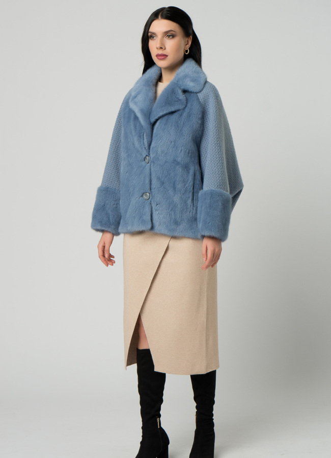 фото Кардиган голубого цвета с отделкой из норки модель № 21857