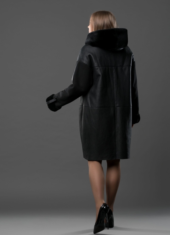 Дубленка из натуральной кожи в черном цвете, на молнии с капюшоном модель № 9036 в кредит