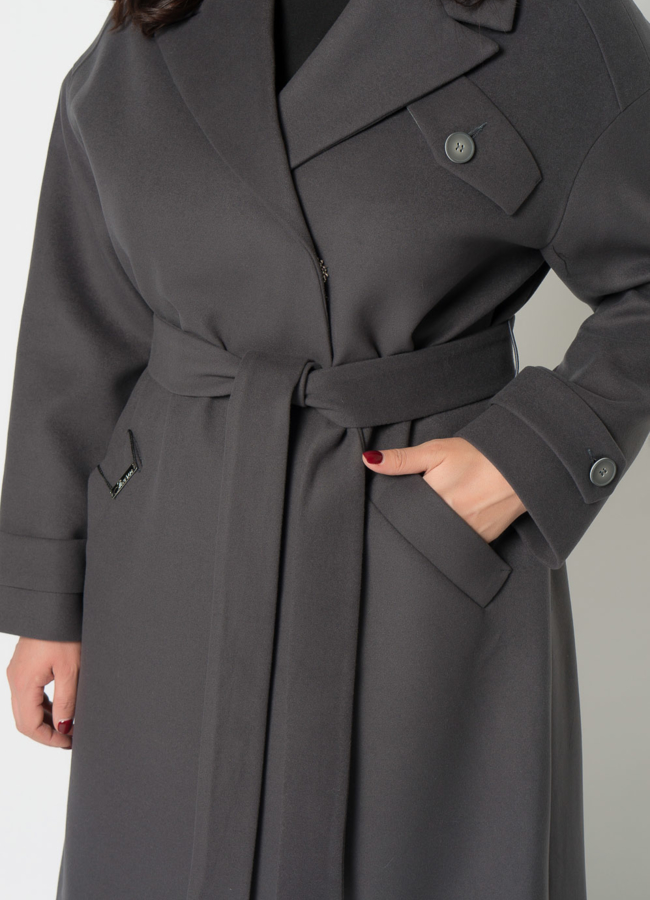 Женское пальто в сером цвете с поясом модель № 21374 универмаг малина