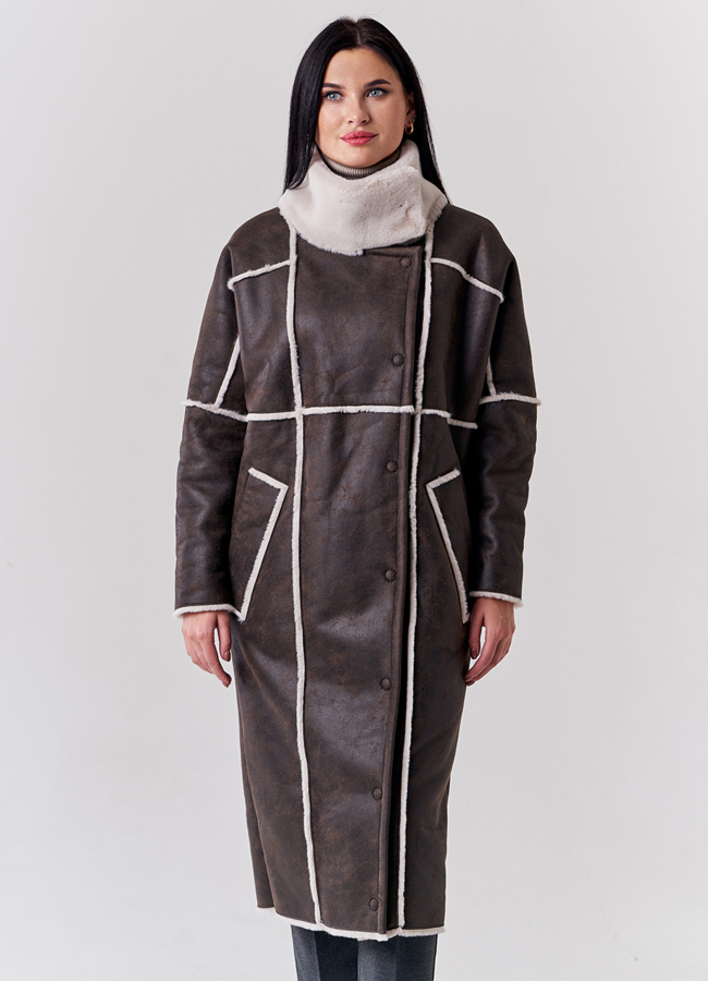 Удлиненная эко дубленка коричневого цвета модель № 21162 универмаг малина