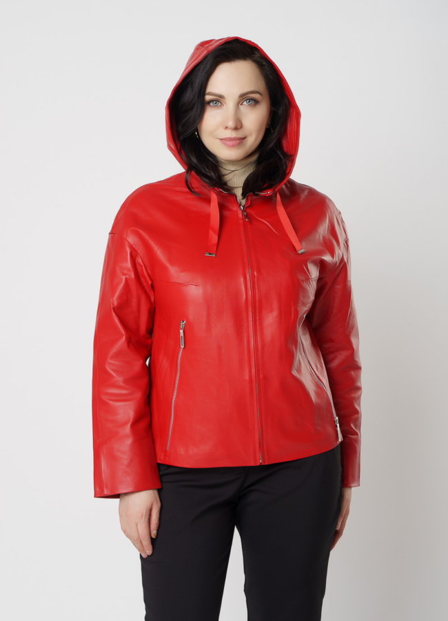 Красная кожаная куртка с капюшоном модель № 91208 в рассрочку
