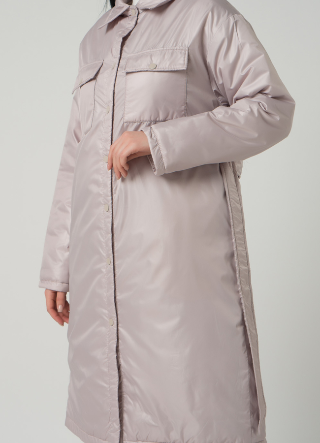 Женское пальто-рубашка бежевого цвета с поясом модель № 22390 универмаг малина