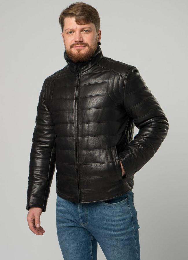 Мужской пуховик из натуральной кожи с воротником стойкой модель № 20025 универмаг малина