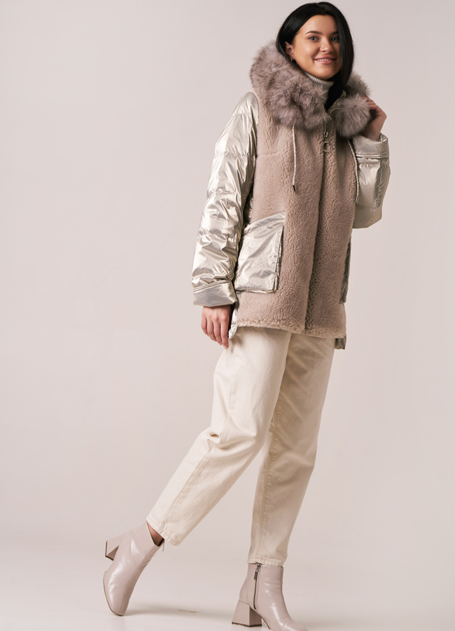 Комбинированный пуховик с шерстью, на молнии с капюшоном модель № 912-2 меха малина