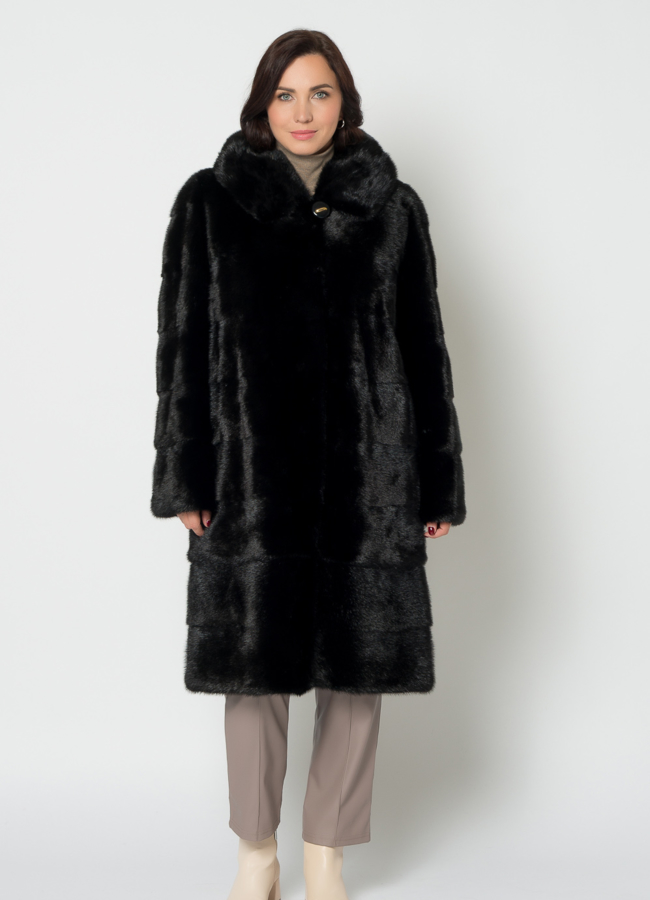 фото Норковая шуба с капюшоном в черном цвете  модель № 20949