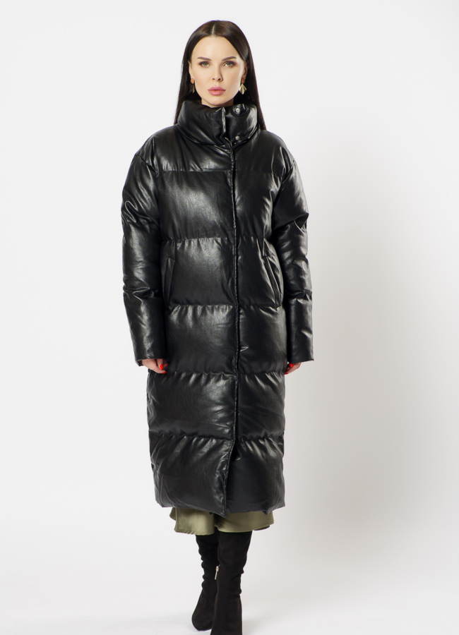 фото Пальто женское из экокожи черного цвета модель № 718-1