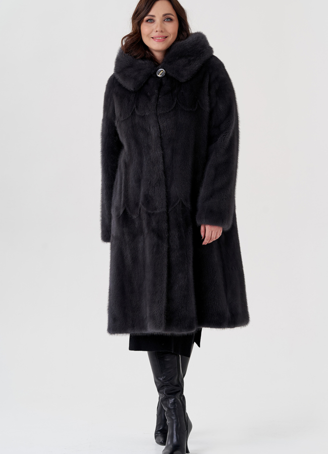 фото Длинная классическая шуба из норки с капюшоном модель № 23166