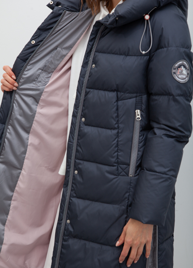 Пуховик женский синего цвета с капюшоном модель № 21028 универмаг малина