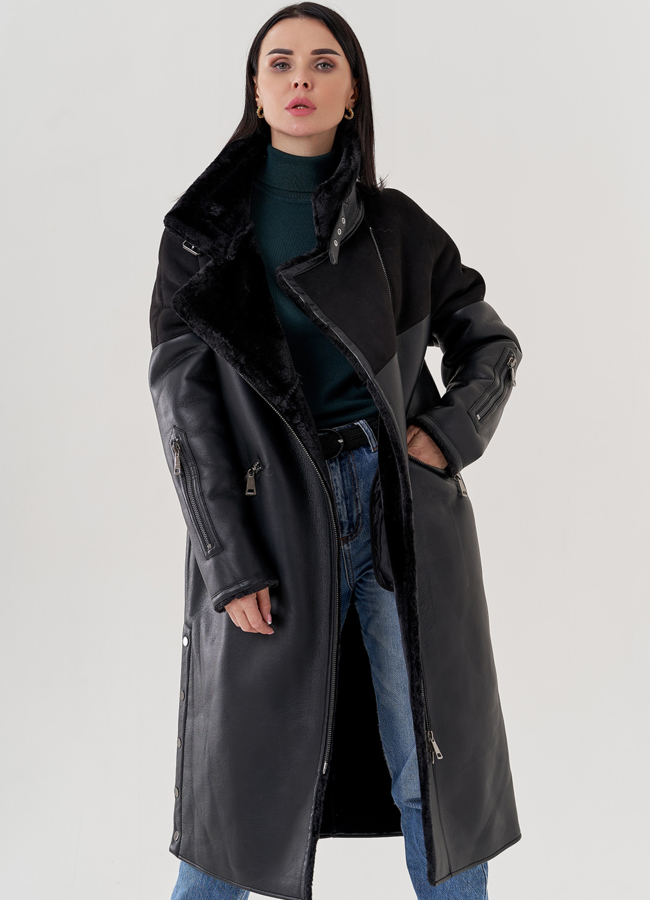фото Женская дубленка из эко кожи черного цвета  модель № 79496