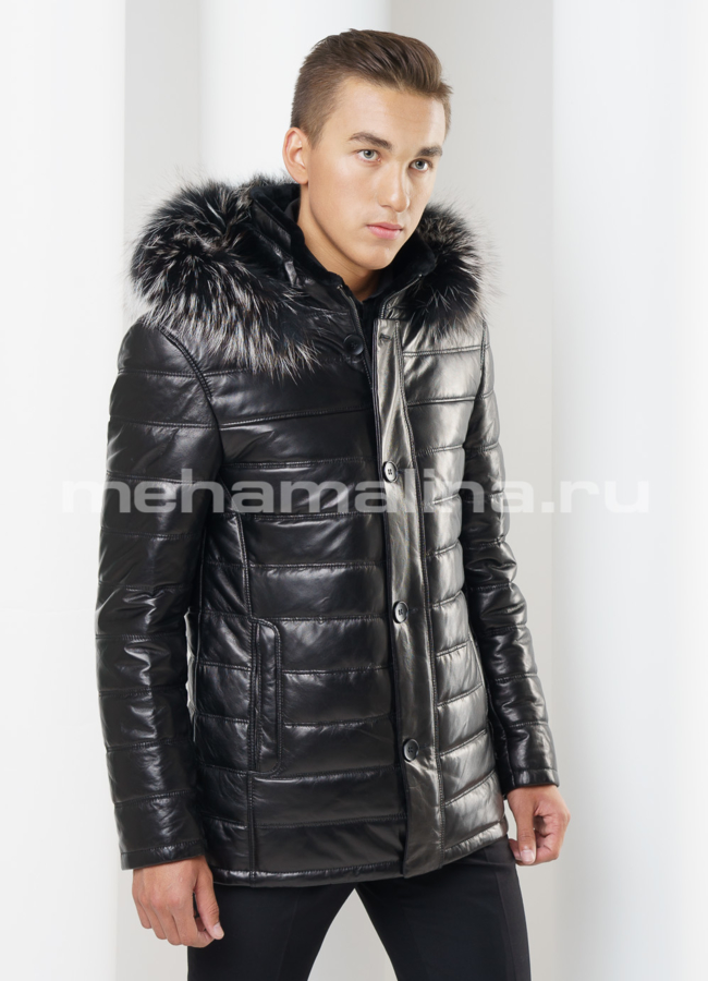 Кожаный пуховик модель № ПМ-69 универмаг малина