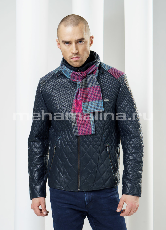 Кожаная куртка с декоративным шарфом модель № KP-109 меха малина Кожаная куртка с декоративным шарфом модель № KP-109 меха малина