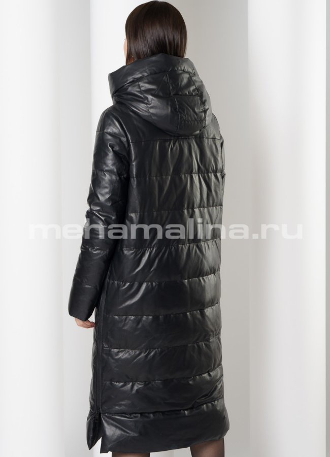 Кожаный пуховик черного цвета на молнии с капюшоном  модель № 181119 в кредит