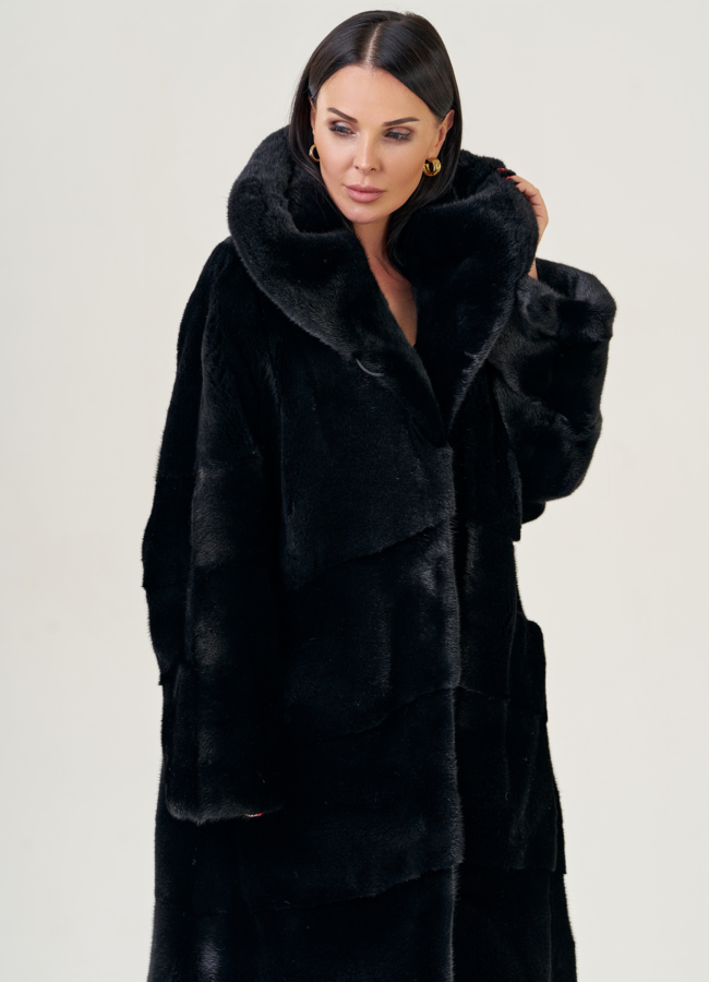 Шуба из скандинавской норки с капюшоном модель № 23084 универмаг малина