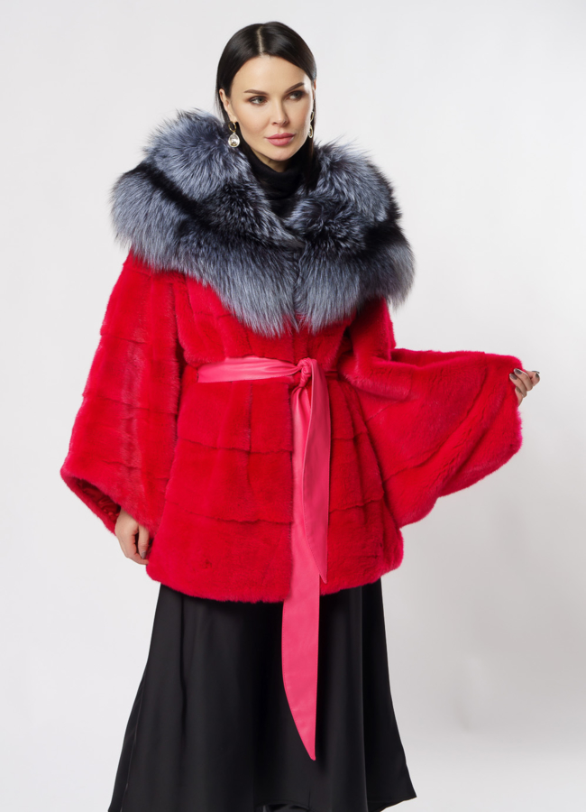 Норковая шуба красного цвета с капюшоном  модель № 2012-8 меха малина