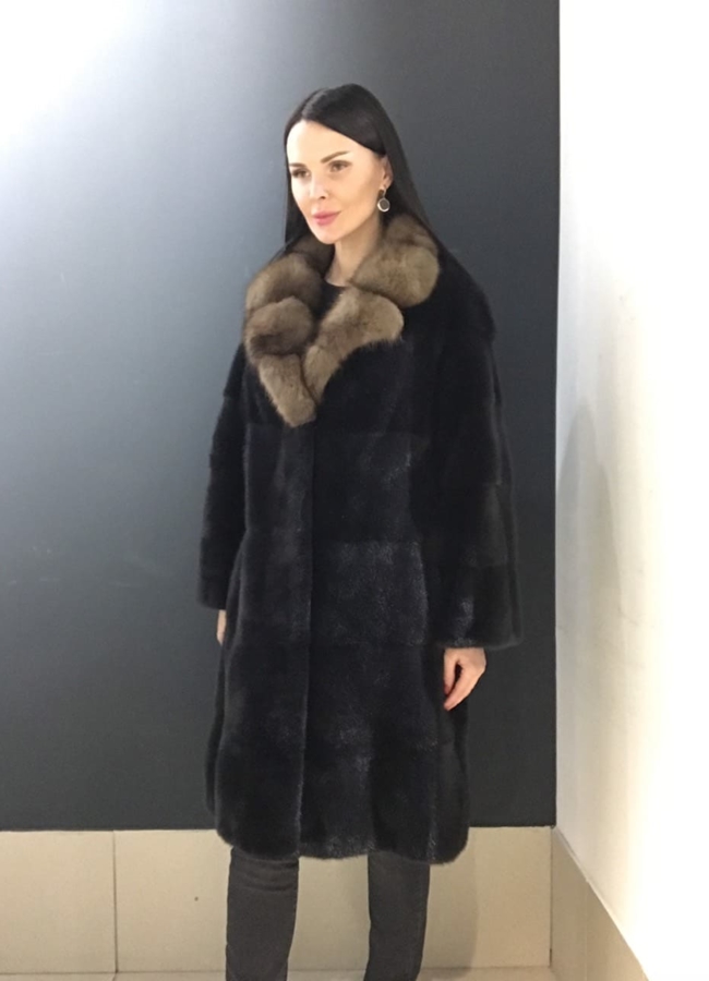 Пальто женское из норки с английским воротником из куницы модель № S-760 в кредит