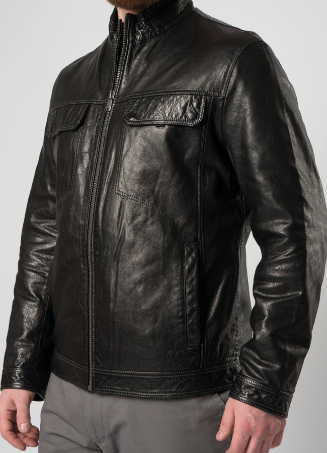 Мужская кожаная куртка черного цвета модель № W9066 в рассрочку