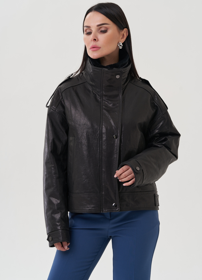 Куртка из натуральной кожи с отделкой из меха кролика модель № 25380 меха малина