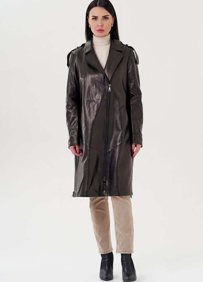 фото Длинный кожаный плащ модель № 80527