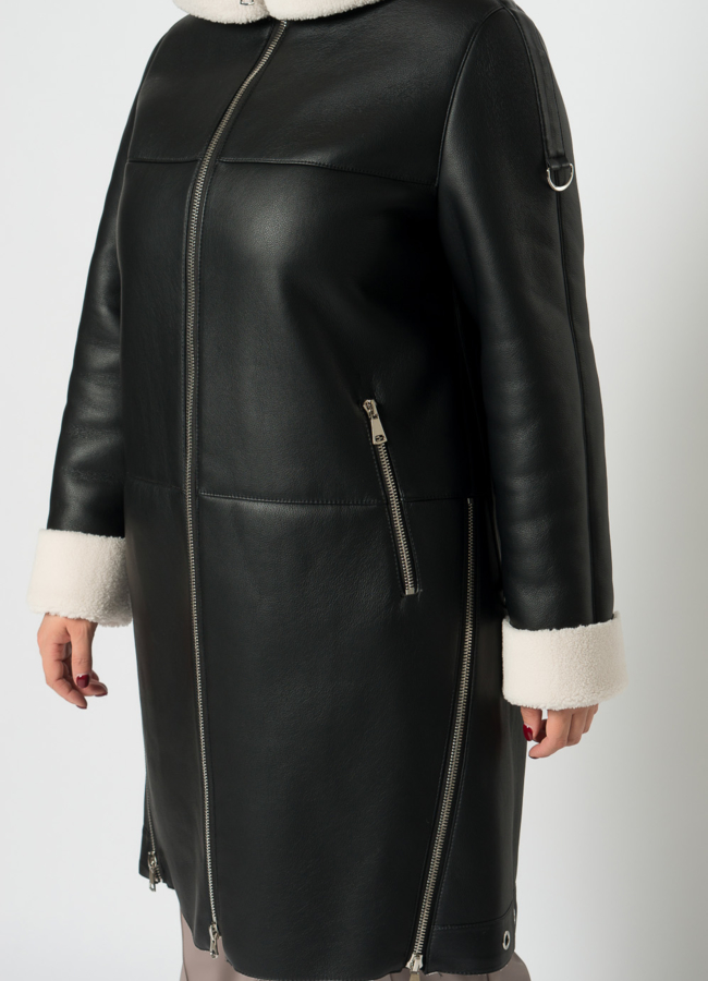 Удлиненная эко дубленка черного цвета на молнии модель № 23628 универмаг малина