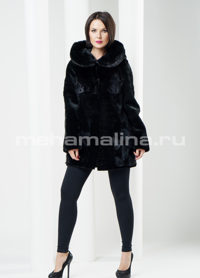 Шуба из мутона, цвет черный модель № S-221 меха малина