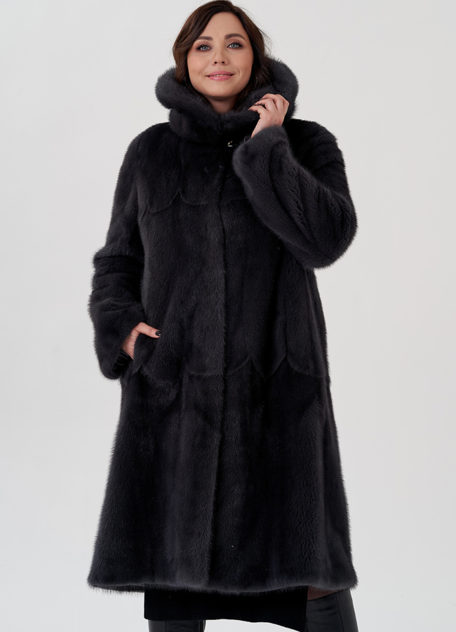 Длинная классическая шуба из норки с капюшоном модель № 23166 универмаг малина
