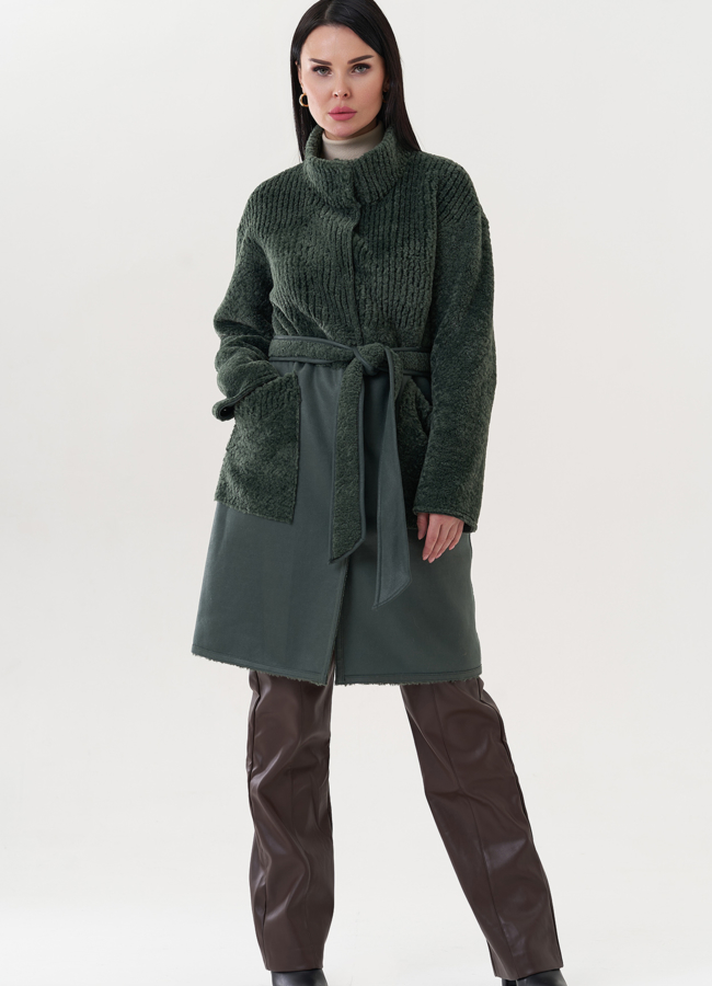 Двухсторонняя эко дубленка с поясом модель № 26733 меха малина