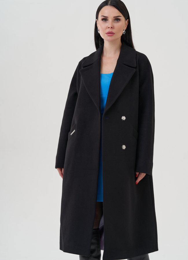 Женское пальто черного цвета с английским воротником модель № 22959 универмаг малина