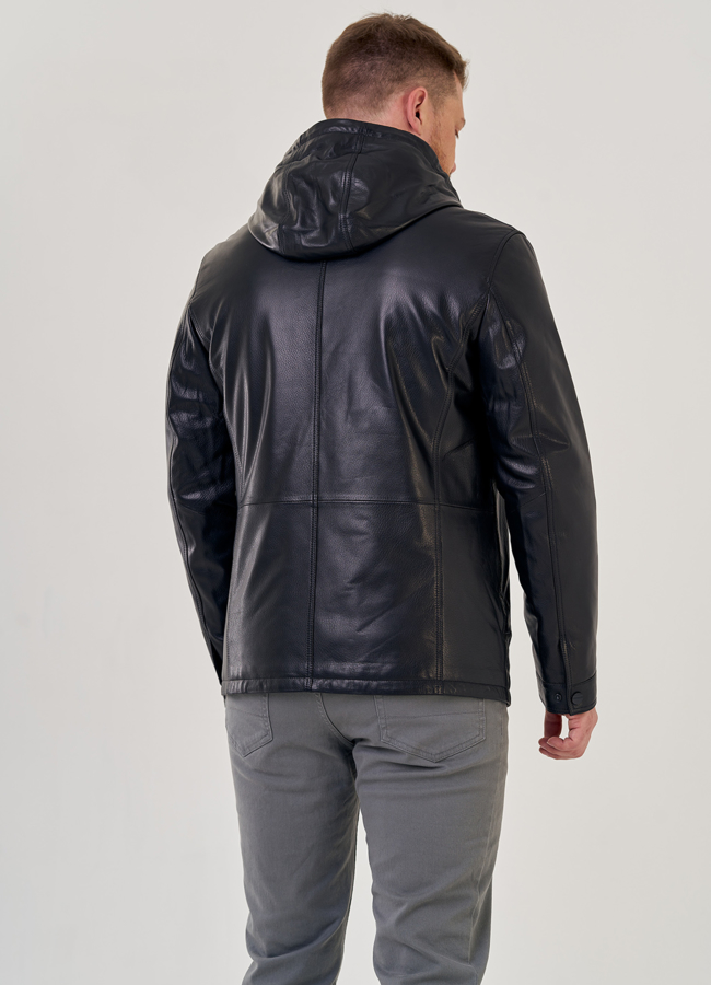 Мужская кожаная куртка с капюшоном модель № 23146 универмаг малина