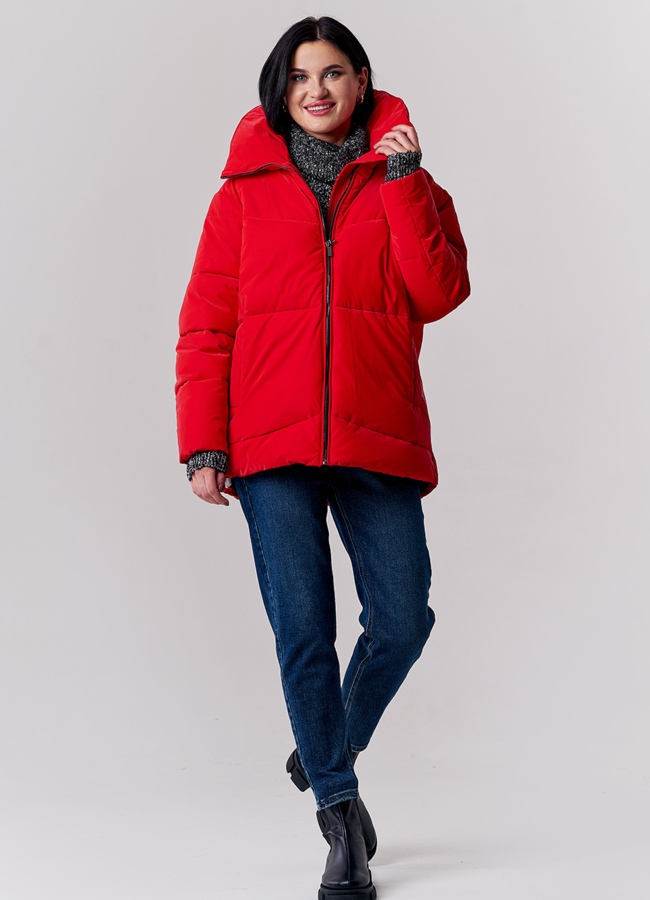 фото Пуховик красного цвета с воротником стойкой модель № 21896