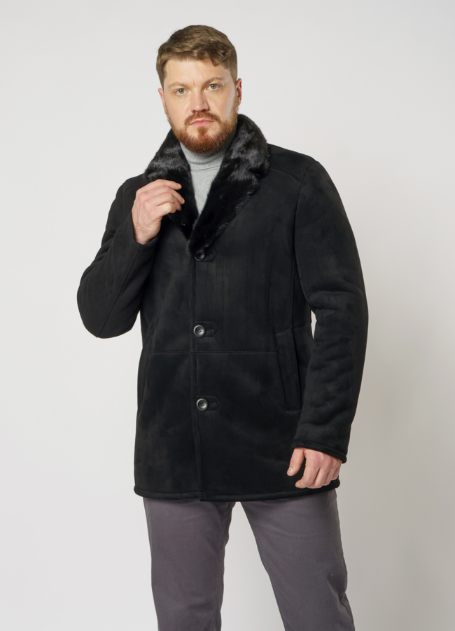 Мужская дубленка из эко замши  модель № 1983 меха малина