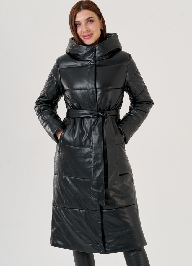 Длинный пуховик из эко кожи Malina Siberian модель № 79128 меха малина