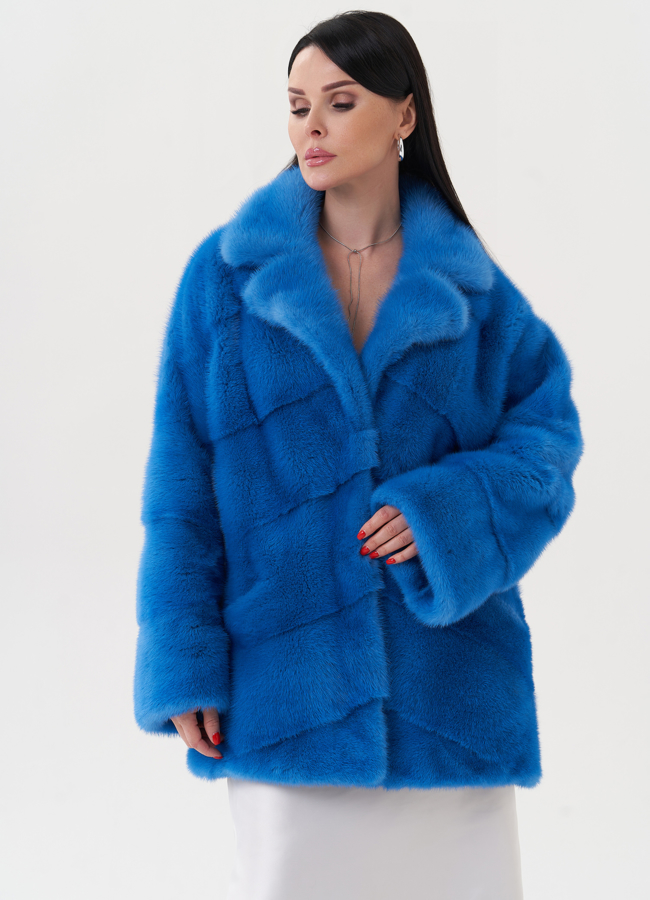 Укороченная норковая шуба с английским воротником модель № 26643 меха малина