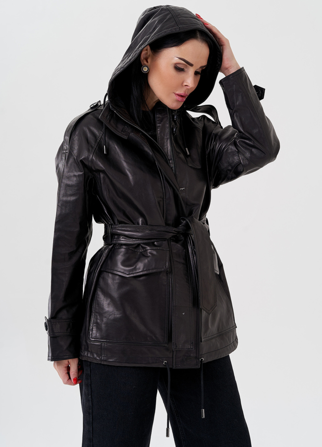 Женская куртка из натуральной кожи с капюшоном  модель № 24090 в рассрочку