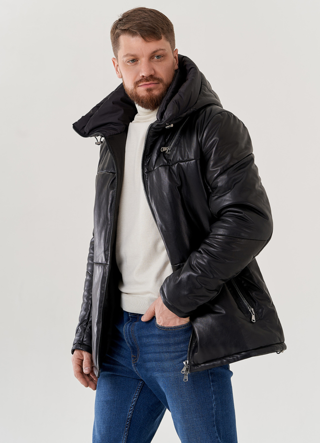 Мужской пуховик из натуральной кожи с капюшоном  модель № 79464 в кредит