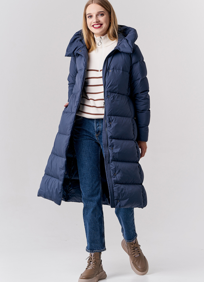 Женский пуховик синего цвета цвета с капюшоном модель № 21894 универмаг малина