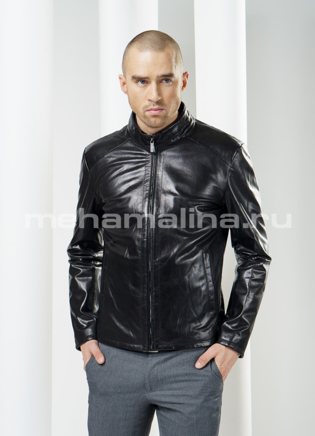 фото Кожаная куртка на молнии, воротник - стойка модель № KP-82