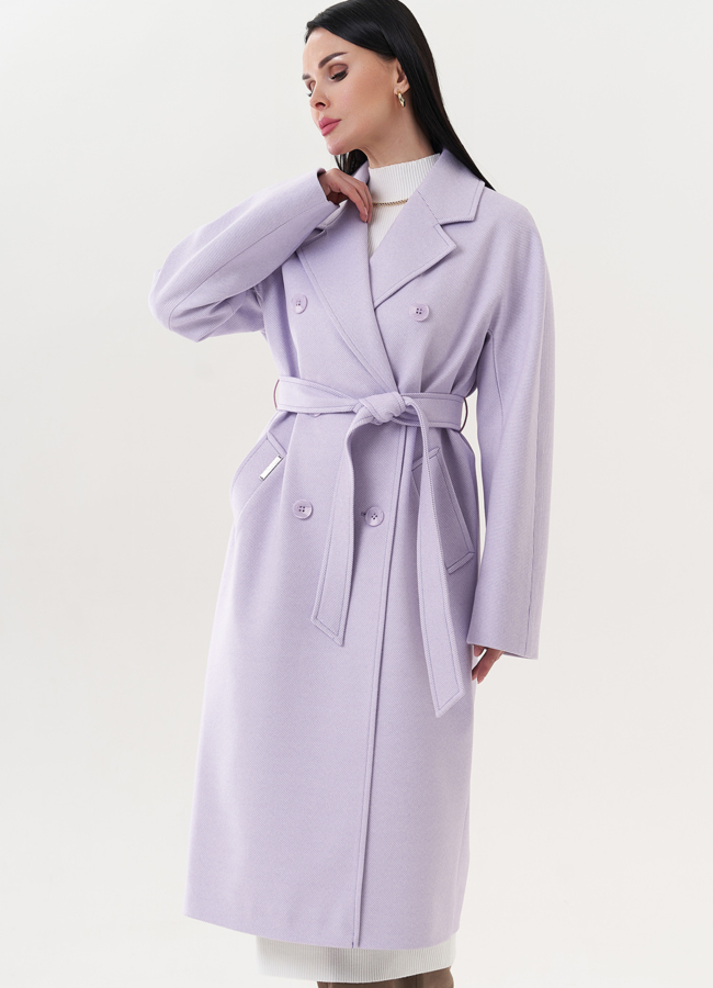 Пальто сиреневого цвета с поясом модель № 26721 в кредит